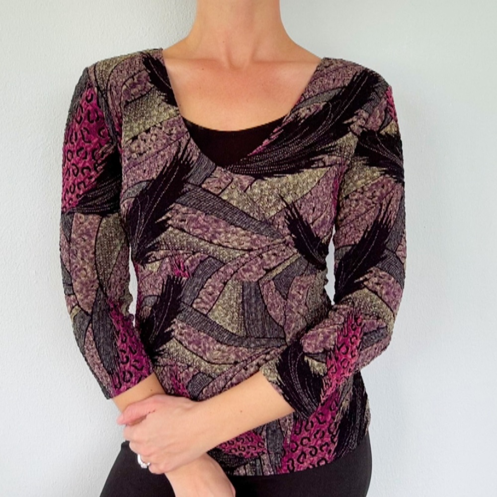 Vintage JM Collection petite purple leopard feather abstract print top small - Picture 2 of 10